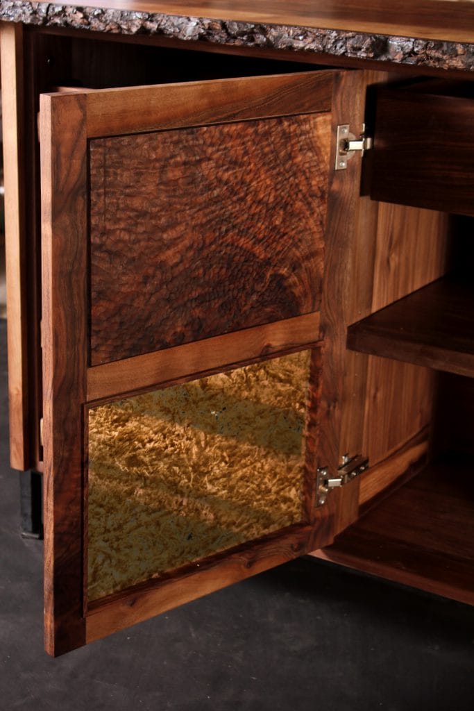 wood panel and glass cabinet door
